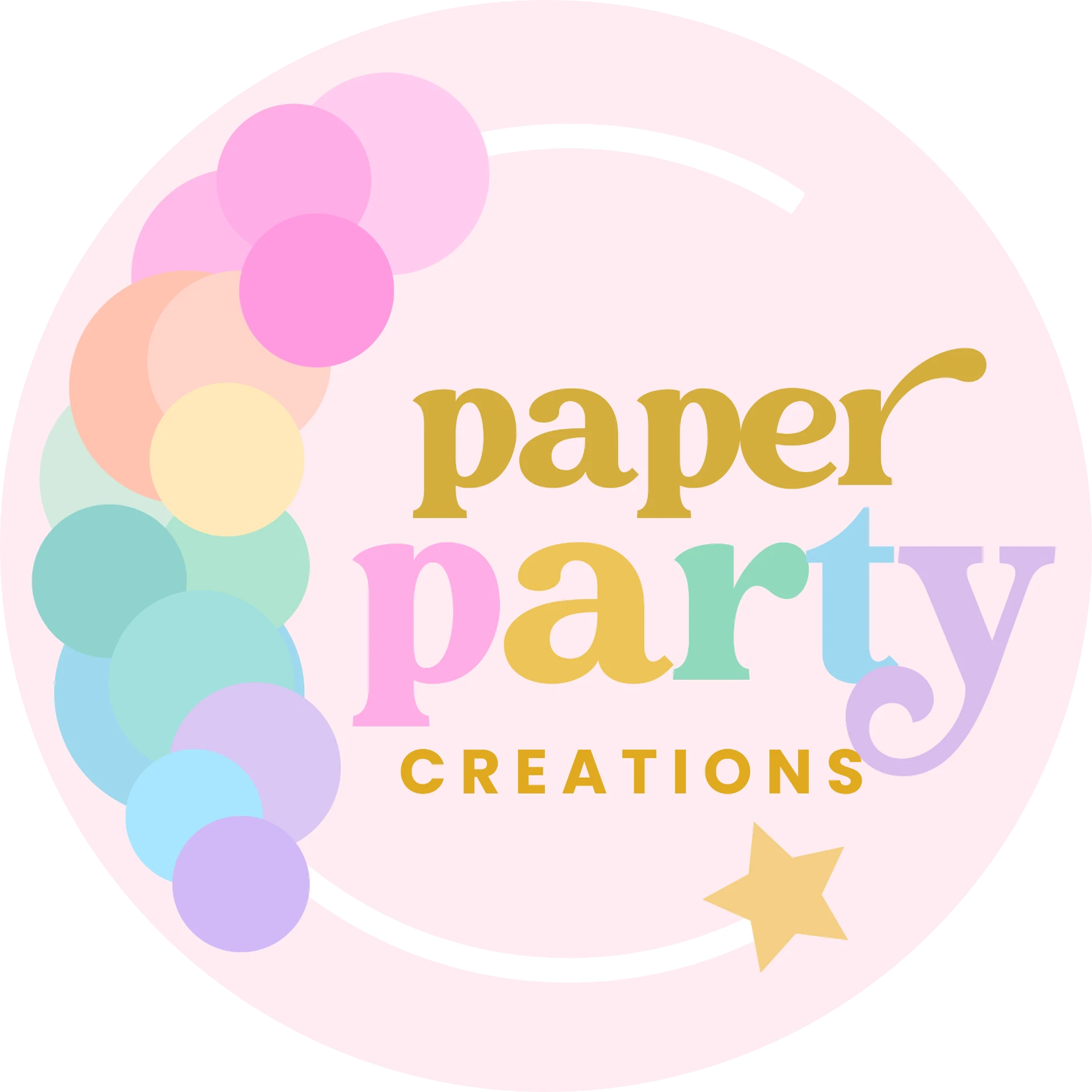 Emblema de Paper Party Creations con globos pastel
